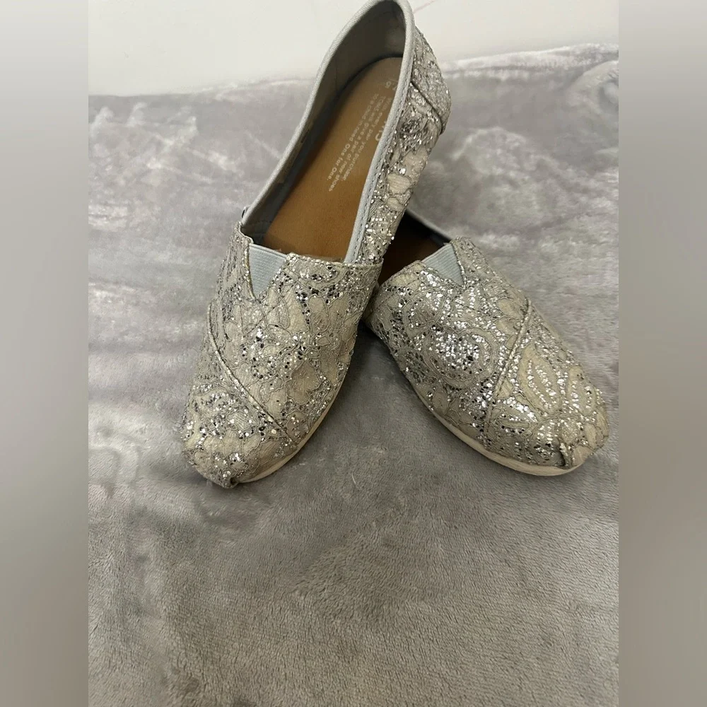 TOMS Silver Lace Glitz Glitter Classic Alpargata Slip-On Shoes